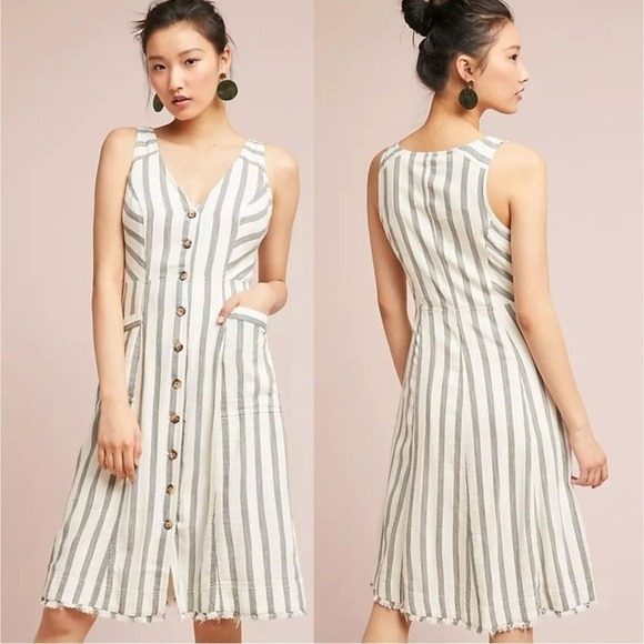 Maeve Dresses & Skirts - Maeve Anthropologie Striped Dress 12 Button Front Sleeveless Pockets Midi Casual